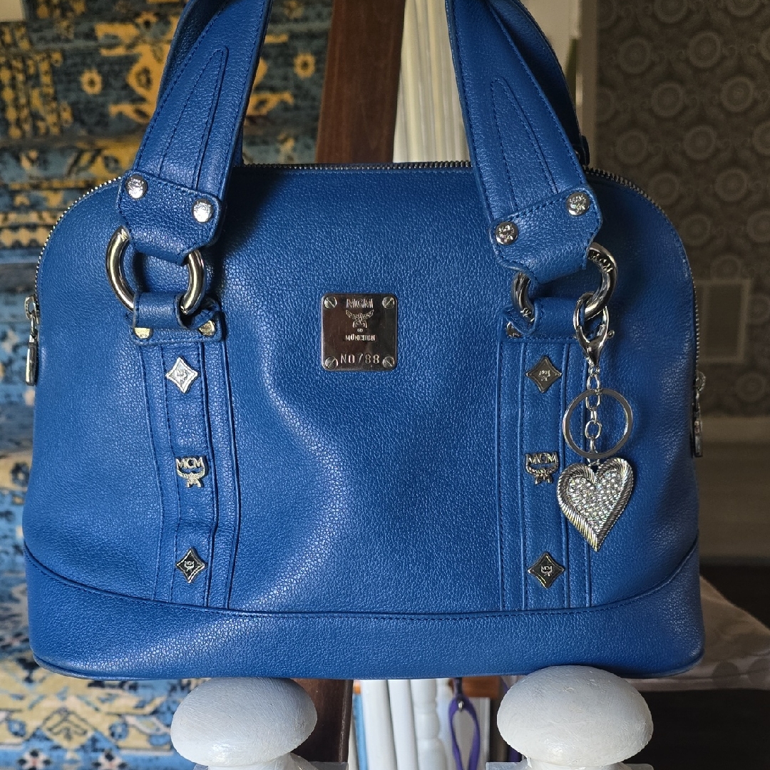 Mcm Royal Blue Leather Dome Satchel With Heart Charm